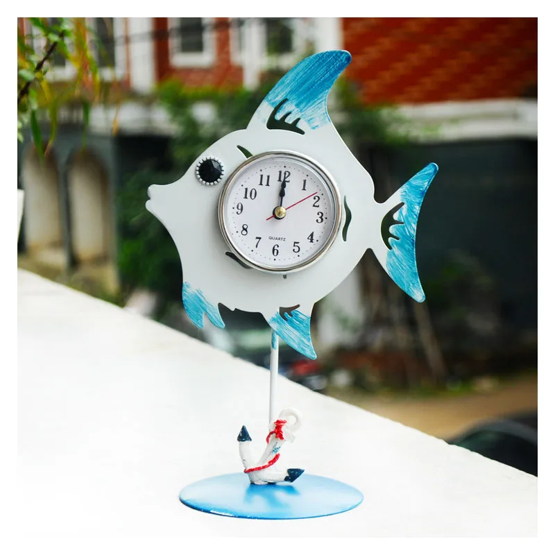 Mediterranean Style New Iron Fish shaped Clock Ornaments Desktop Crafts