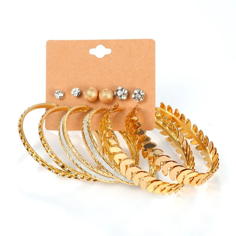 

Pack of 6 embellished leaf Hoop Earring Set for Women in gold silver color Frosted Statement Big Circle Earring Ear Studs