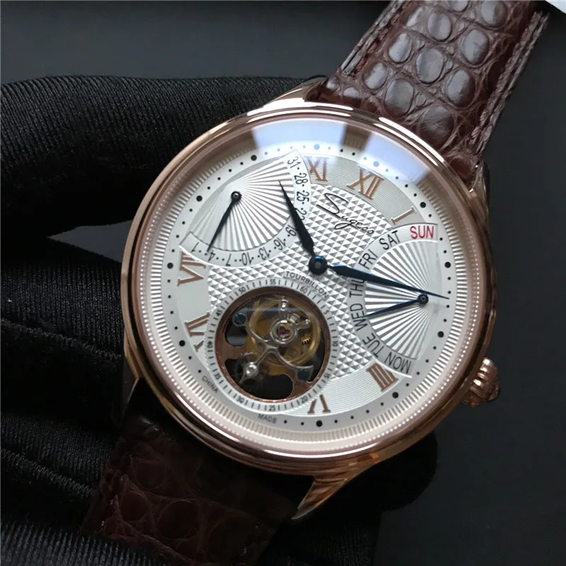 Роскошные часы ST8004 Tourbillon, мужские часы из крокодиловой кожи с календарем, дисплеем недели, мужские механические часы с ручным заводом, водонепроницаемые часы 5ATM