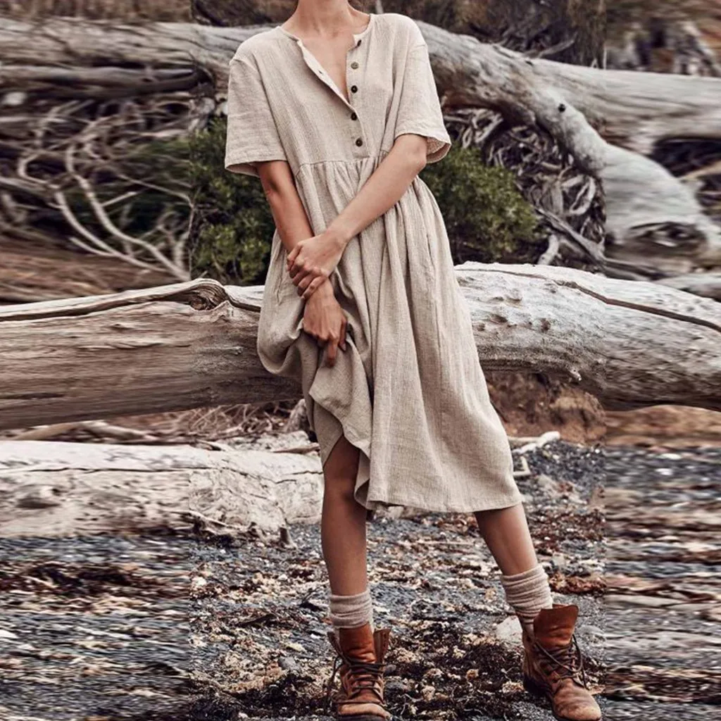 

Dress Women Boho Short Sleeve Solid Color V-Neck Long Dress Cotton Linen Loose Dress Sundress Strand Jurkjes Dresses Woman