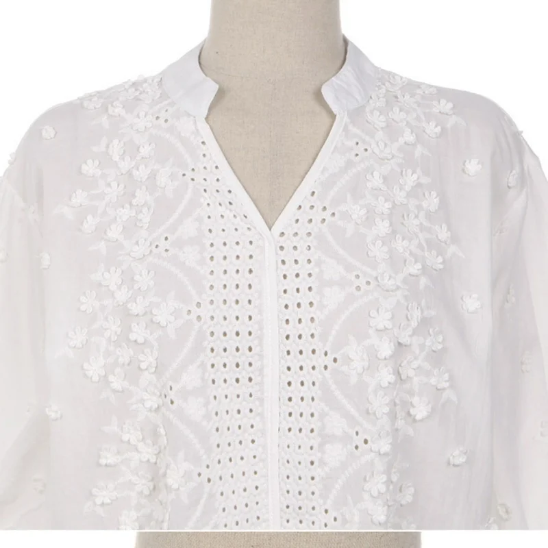 Модные женские выдолбленный белый рубашки с v-образным вырезом женские блузки Топы с длинными рукавами