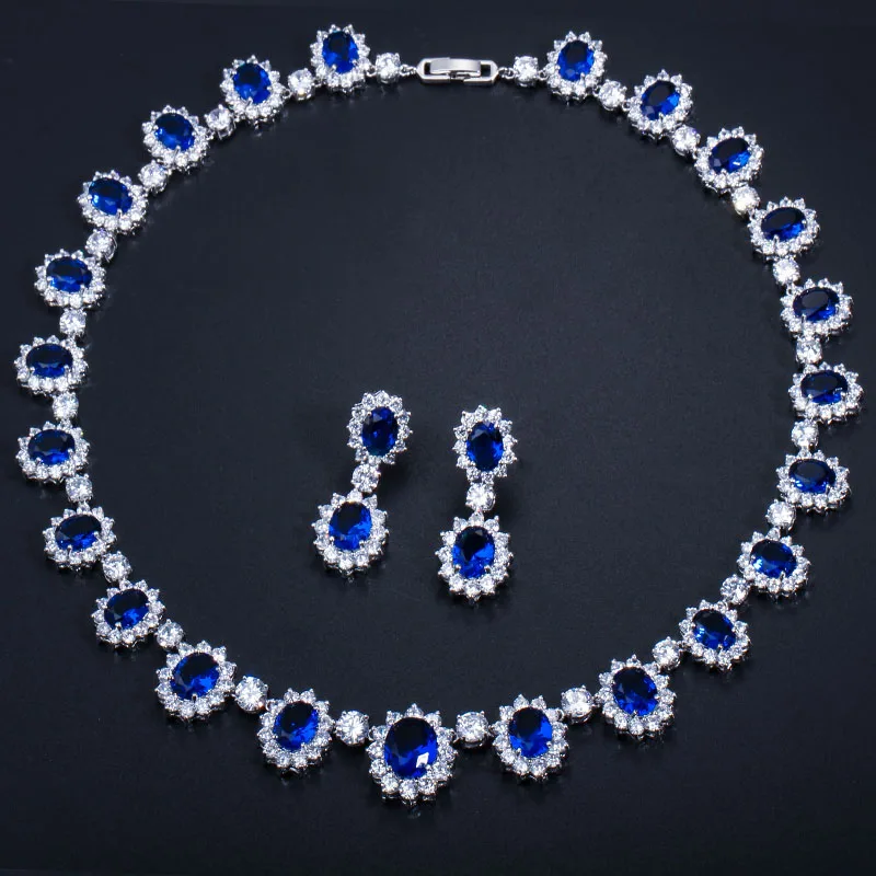 Pera CZ Большой Круглый Кубический Цирконий Роскошные свадебные королевский синий камень ожерелье и серьги ювелирные комплекты для невест J126 - Окраска металла: blue
