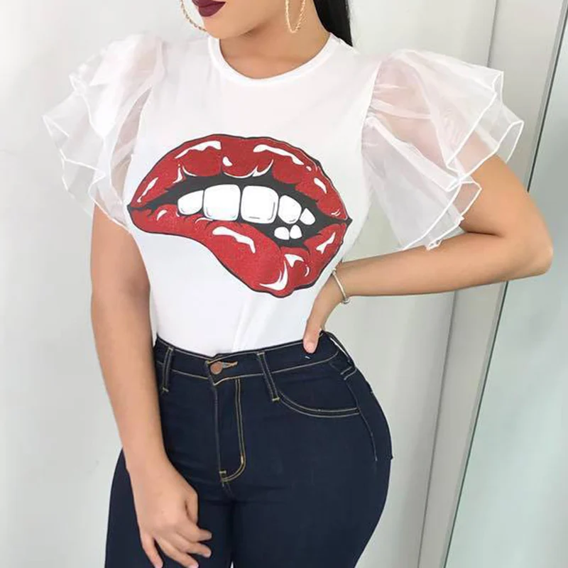 Summer Sexy O Neck Ruffles Short Sleeve Women Shirts 2019 Lips Printed Casual Lady Shirt Elegant Female Streetwear Fashion Tops
