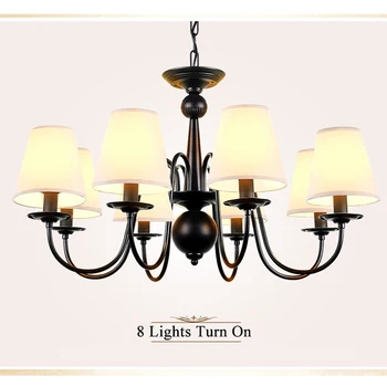 

American Retro Fabric Shades Led Pendant Chandeliers Lustre Black Iron Dining Room Led Chandelier Lighting Led Hanging Lights