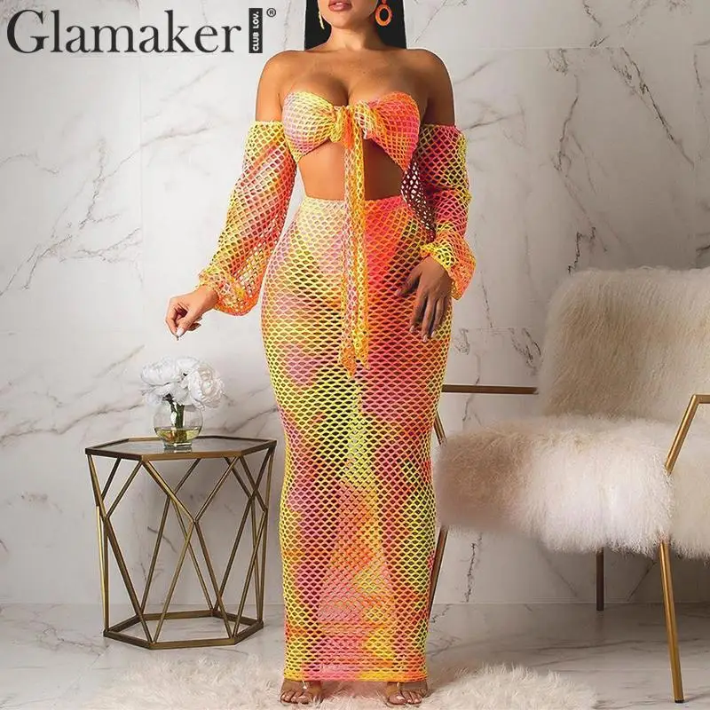 

Glamaker Plus size two piece set dress Women summer bandage elegant maxi dress Party hollow out club transparent female dress
