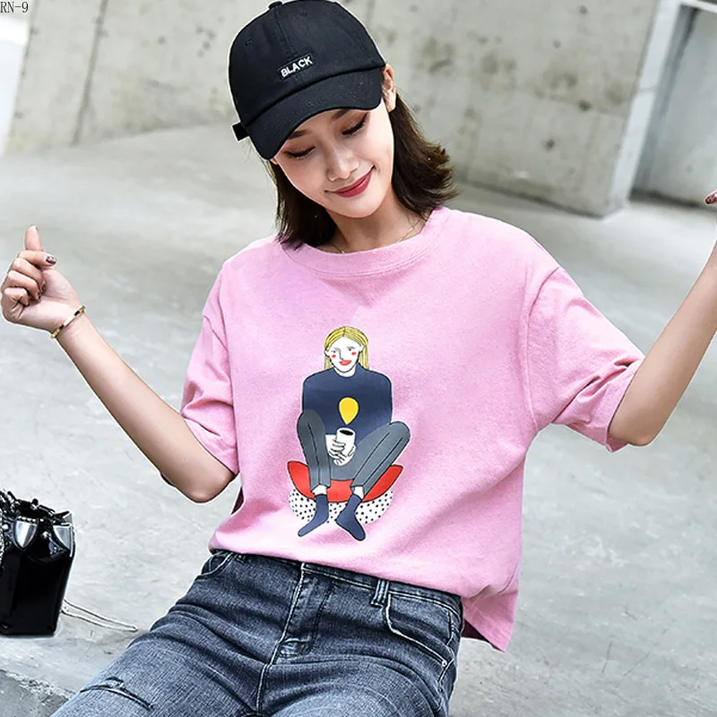 

New Listing 2019 Cartoon Female T-shirts Cotton Women Tshirt Summer Casual Short Tops Harajuku Ulzzang T Shirt School Pink Top