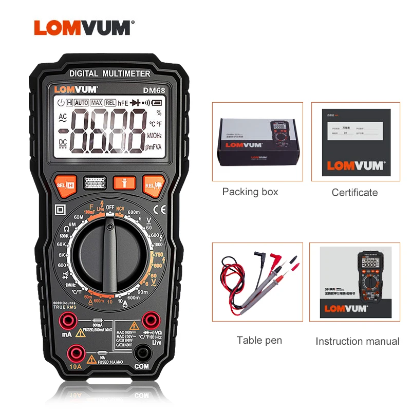 LOMVUM DM68 Ture RMS цифровой мультиметр AC/DC Емкость тестер температуры ЖК-дисплей 6000 отсчетов ручной Диапазон мультиметр живой провод