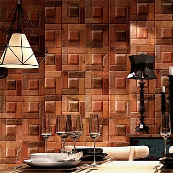 

53cm×10m Red Brown Wood Block 3D Block Classic Wall Paper Roll Character Wood Grain Tv Background Bar Porch Retro Wallpaper