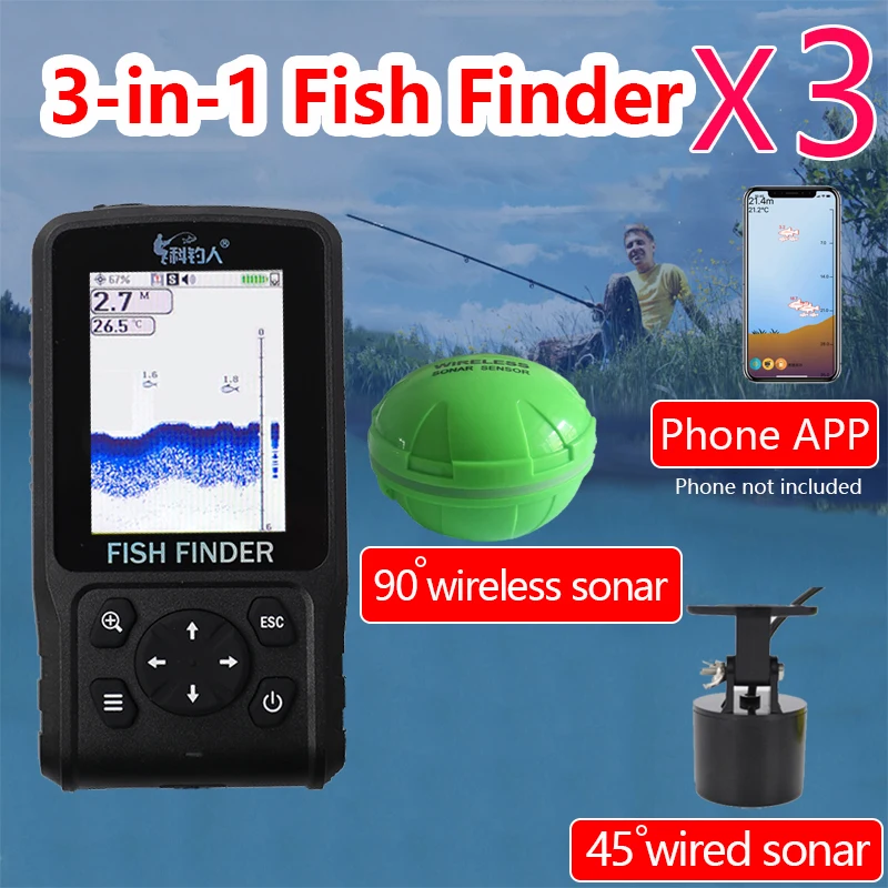  Free Shipping 2019 degisn Fish Finder Wire+Wireless+APP Portable Sonar Colorful LCD dot matrix Fish