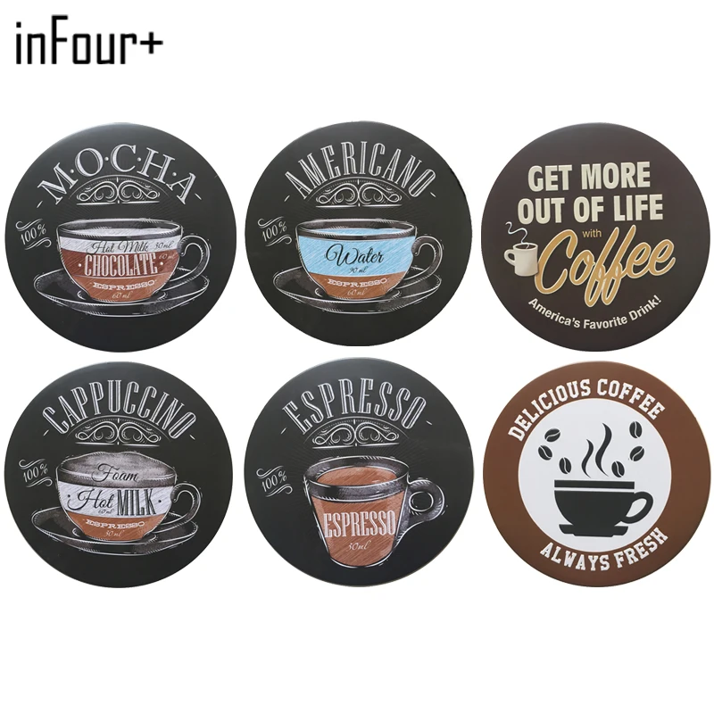 [inFour+]New Round Coffee Sign Metal Signs Home Decor Vintage Tin Pub Decorative Plates Wall Art Plaques | Дом и сад