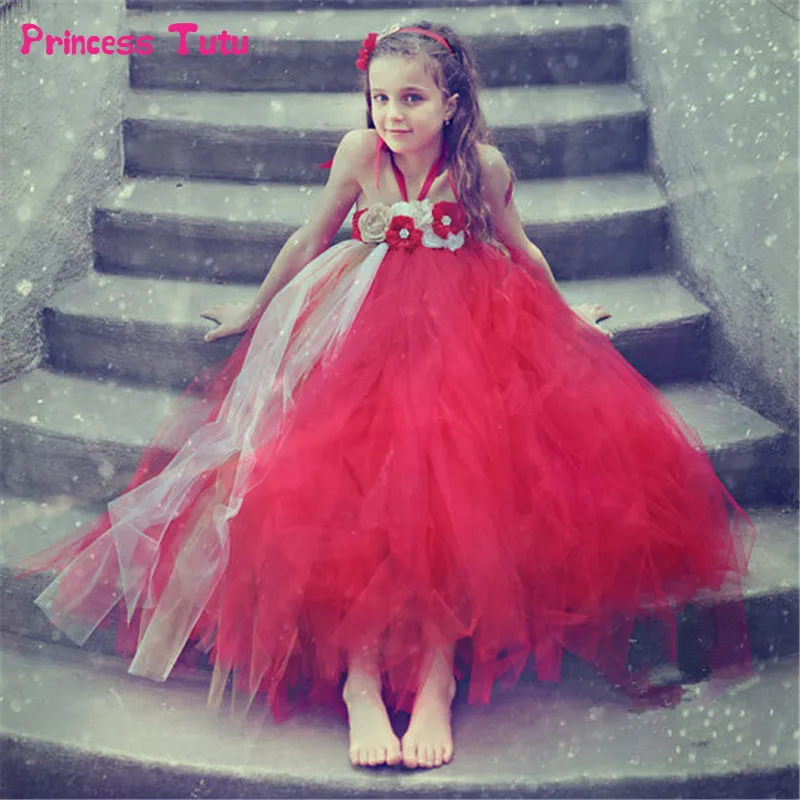 

Handmade Flower Girl Tutu Dress Baby Kids Pageant Ball Gown Wedding Party Christmas Dress Tulle Red Girls Flower Dresses 1-14Y