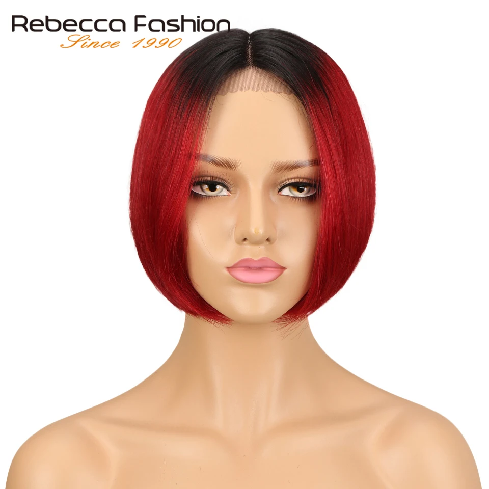 

Rebecca Silky Straight Short Bob Lace Front Human Hair Wigs For Women Two Tone 1B/Red Color Middle Part Ombre Lace Wig 120g