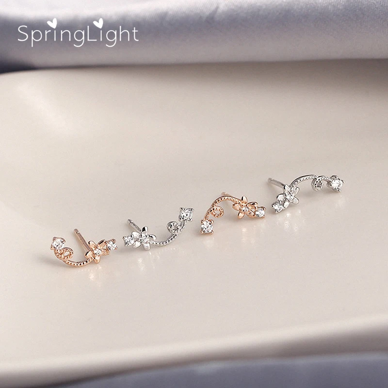 

SpringLight Cute Flower Zircon Earring Real 925 Sterling Silver Fine Jewelry Peach Blossom on Branch Stud Earrings for Women