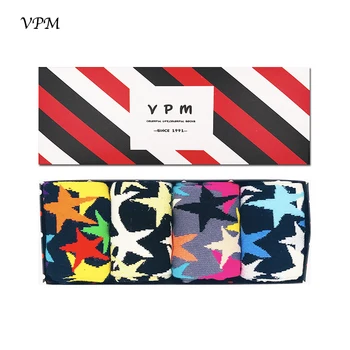 

VPM Over Size Eu 40-47 Combed Cotton Man Socks Colorful Star Compression Happy Socks Gift Box 4 Pairs/Lot