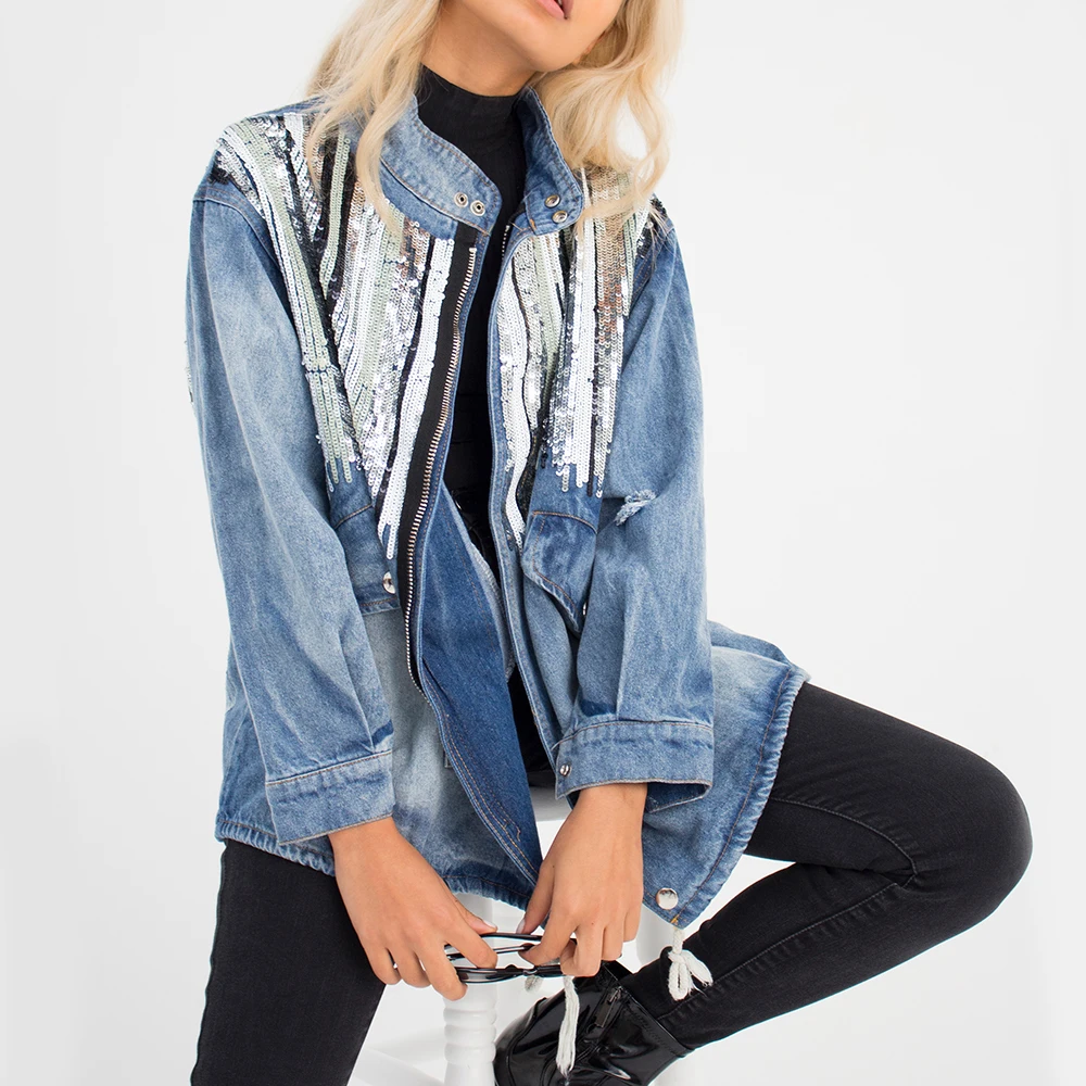 

KHALEE YOSE Boho Jean Jackets Autumn Vintage Ripped Denim Jacket Women Sequin Long Sleeve Pocket Zip Oversized Coat Outerwear