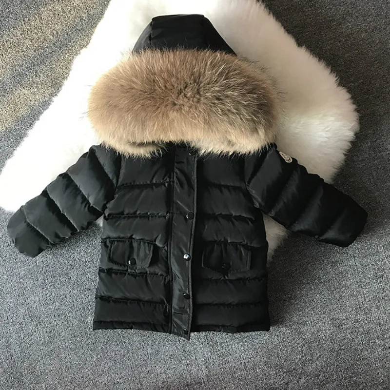 Зимнее пальто для мальчиков; куртки с капюшоном и натуральным мехом для маленьких девочек; теплая детская верхняя одежда на утином пуху; ветрозащитная модная детская одежда