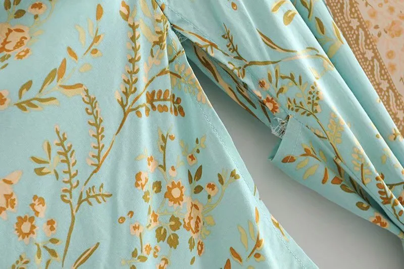  2019 Bohemian Turquoise Floral Print Long Kimono Shirt Ethnic New Women Lacing up Bow Sashes Long C