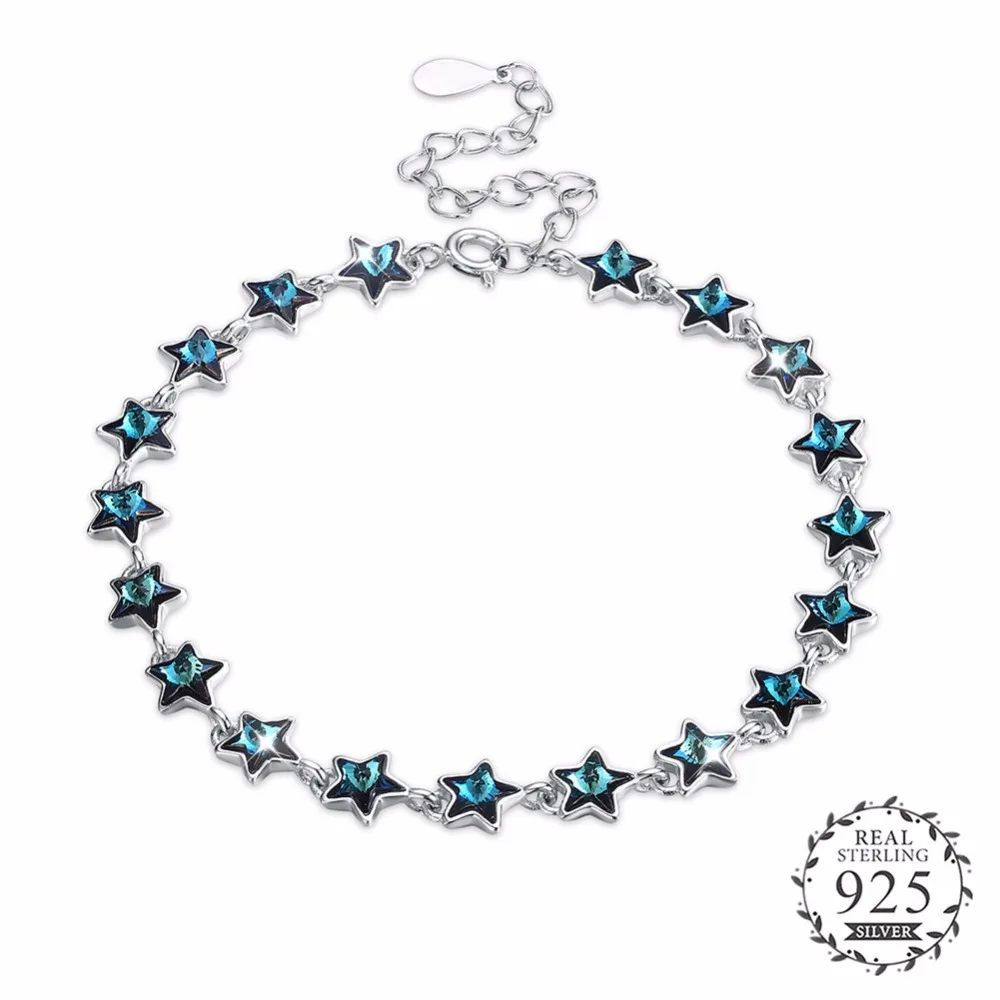 Authentic 925 Sterling Silver Full Blue Crystal Star Charm Bracelet