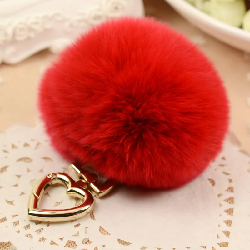 

Fashion Fluffy Pom Pom REX Rabbit Real Fur Keychain Fur Ball Puff Bag Charm Keyring Key Chains Gold Hardware Heart Accessory
