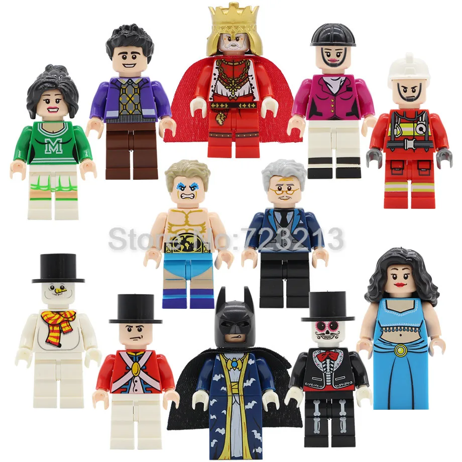 

12pcs/lot Legoingly Figure Set King Boxer Batman Fireman Equestrian Division Snowman Model Building Blocks kits Brick Toys