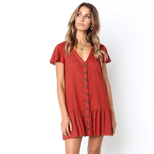 Повседневное однотонное мини-платье с v-образным вырезом для женщин летний сарафан с коротким рукавом Бохо Кнопка миди красные женские пляжные платья вечерние Vestidos - Цвет: TS8001-red
