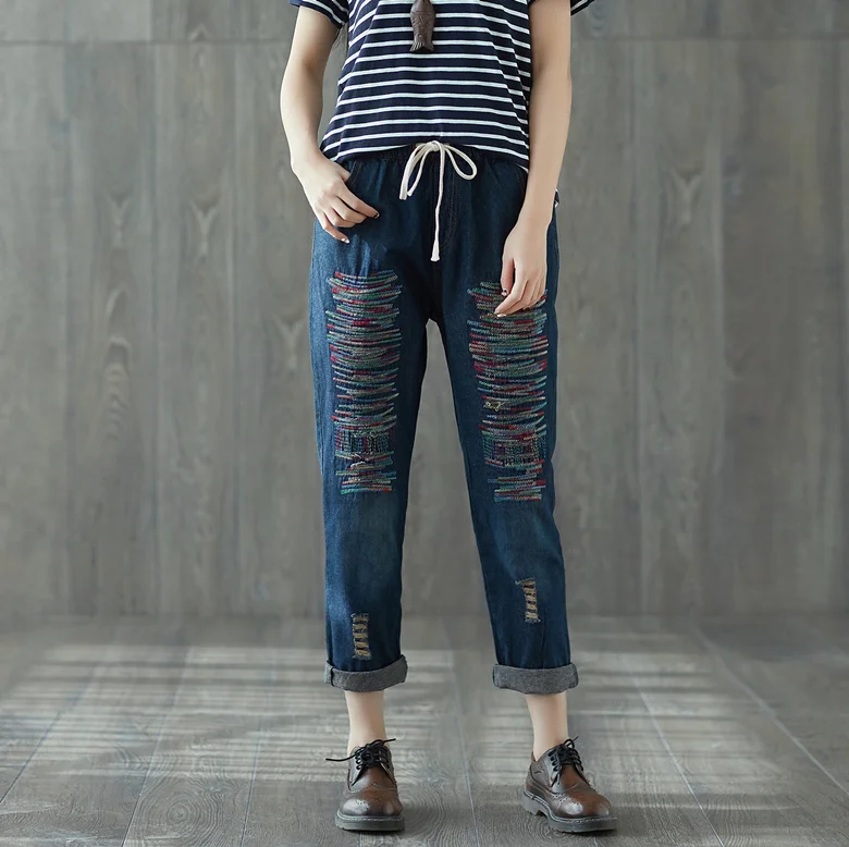 Casual Hippie Boho Vintage Retro Loose Embroidery Stripe Denim Blue Ripped Jeans for Women Jeans Harlan Pants Spring Capri Casual Hippie Boho Vintage Retro Loose Embroidery Stripe Denim Blue Ripped Jeans for Women Jeans Harlan Pants Spring Capri