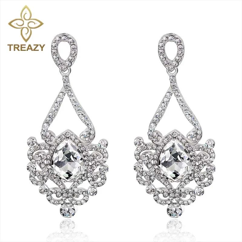

TREAZY Bridal Luxurious Floral Teardrop Crystal Earrings for Women Wedding Accessories Big Drop Earrings Best Gift for Brides