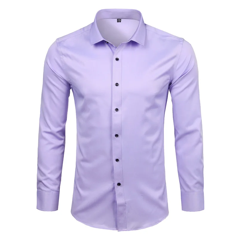 Chemise habillée en fibre de bambou pour hommes, coupe couvertes, monochromatique, manches longues, décontractée, boutonnée, élastique, sans fer, facile d'entretien, chemise formelle