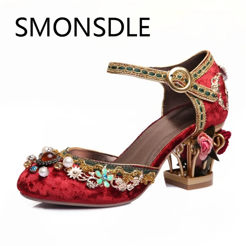 Retro Luxury Suede Genuine Leather Women Sandals Handmade Embroidery Flower Summer Shoes Crystal
