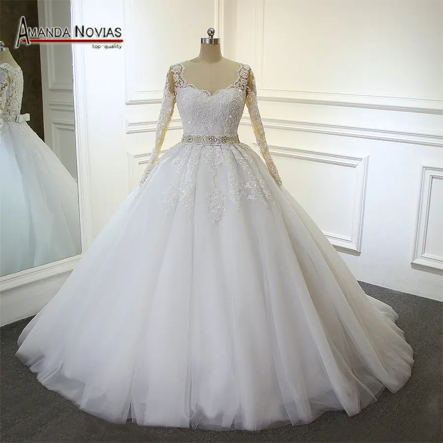 

2018 Full Lace Beading Shinny Wedding Dresses Puffy Ball Gown Backless