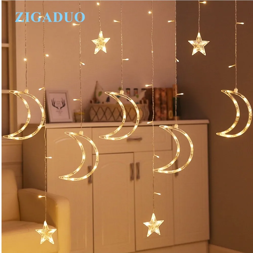3.5M Romantic Holiday Lights Star Moon Led Curtain String Light Warm EU220V Xmas Christmas Garland Light For Wedding Party Decor