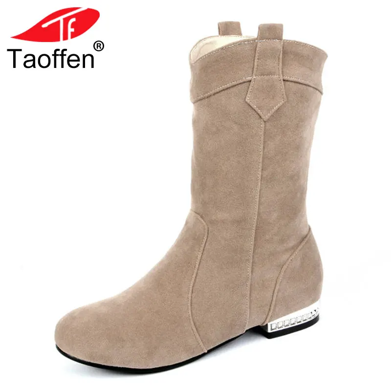 

TAOFFEN Size 34-43 New Fashion Mid Calf Boots Women Round Toe Short Plush Autumn Winter Ladies Boots Comfortable Low Heels Shoes