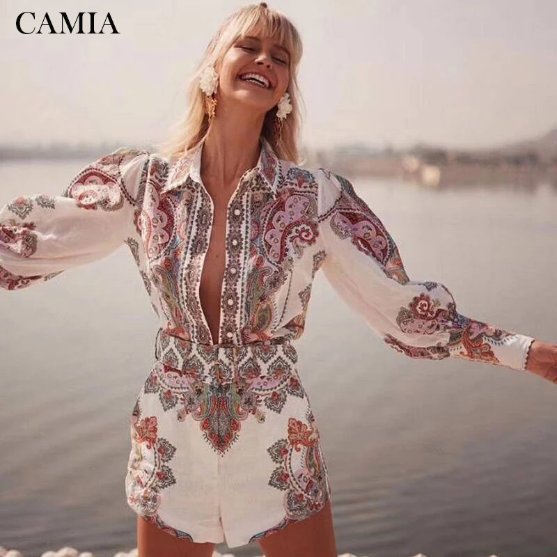 

CAMIA Summer 2 piece women's suit high quality new women's shirt and flower shorts Slim 2 shirts and shorts