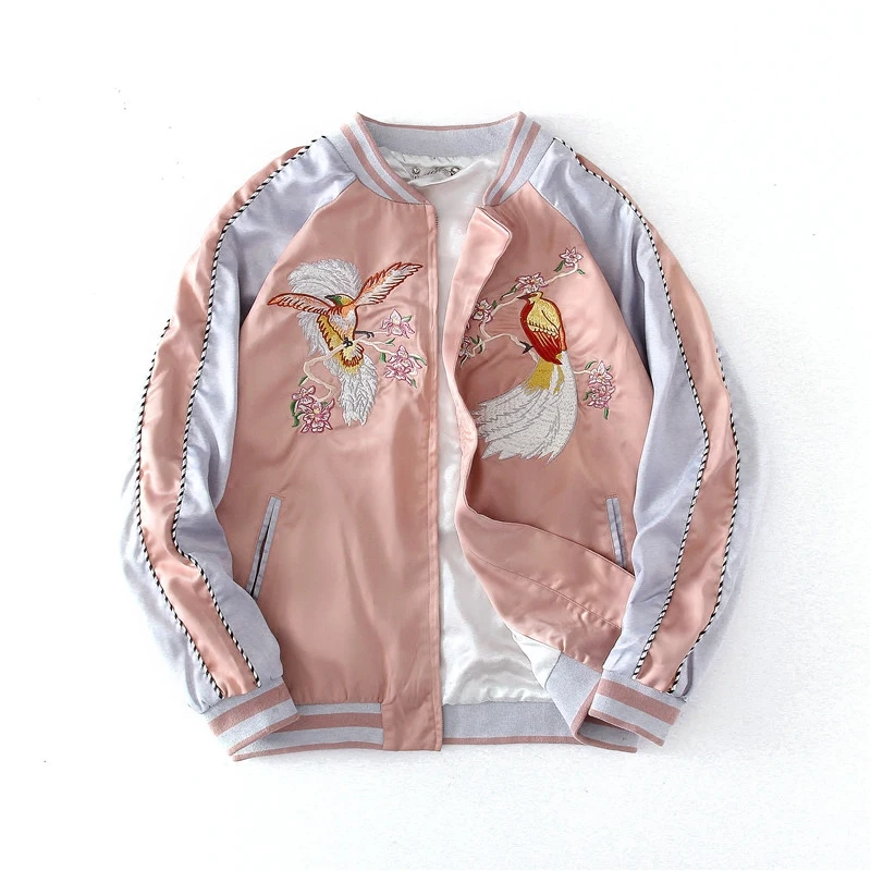 

Makuluya Yokosuka Reversible Coat Street Style Women Men Flower Bird Printed Embroidery Baseball Casual Flight Jacket Coats QW