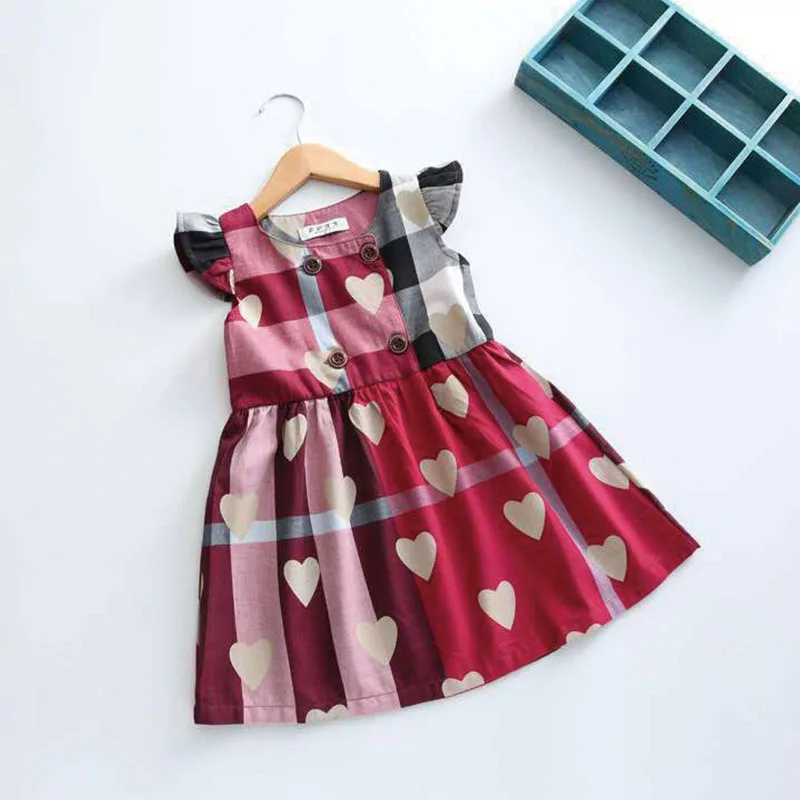 Baby Girl Clothes Children Summer Girl Casual Cotton Love Pattern Cute Flying Sleeve Short Sleeve Plaid Dress 0-3Y