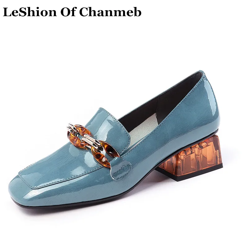 

New Arrival Patent Cow Leather Loafers for Women Size 34-42 Clear Heels Square Toe Slip ons Autumn Casual Shoes Lady Dress Shoes