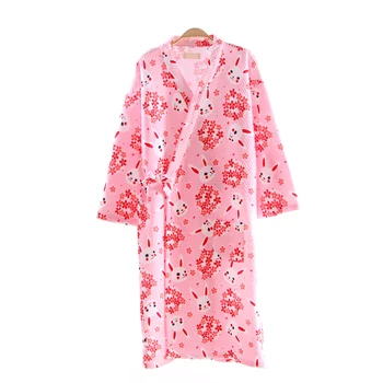 

New Cartoon Print V-Neck Kimono Bathrobe Gown Summer Lady Loose Nightdress Cotton Long Nightgown Casual Sleepwear Negligee