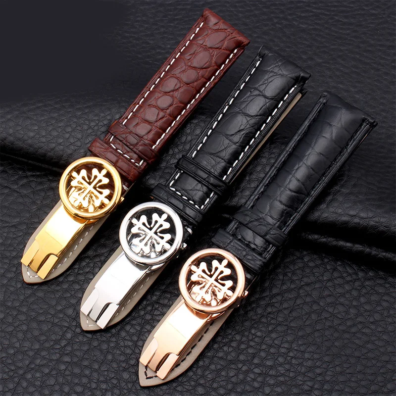 

HUXIE Crocodile leather strap is suitable for patek philippe wristwatch strap PP butterfly buttons Men's watch band 19/20/22MM