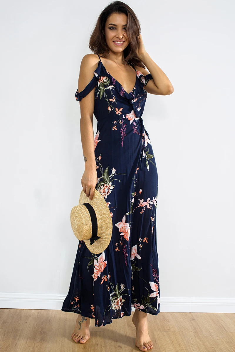 BONGOR LUSS Vintage Floral Print Women Long Bohemian Dress Wrap Casual Ruffle Frill V-Neck Short Sleeve Summer Beach Maxi Dress (16)