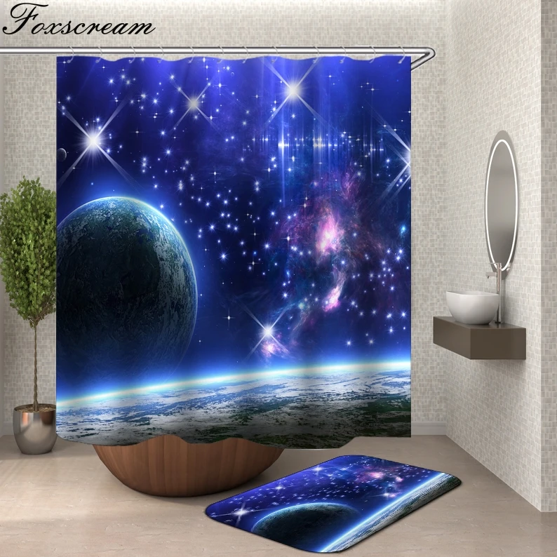 

Space shower curtain fabric 3d bathroom shower curtains Blue bathroom curtain hooks waterproof water repellent bathroom