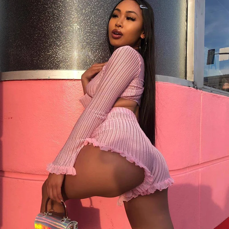 Cena Beyprern śliczne potargane siatkowe wykończenia różowy zestaw szortów dwuczęściowy damski Boho szyfonowy crop top i wysokie talie spodenki booty Set Streetwear