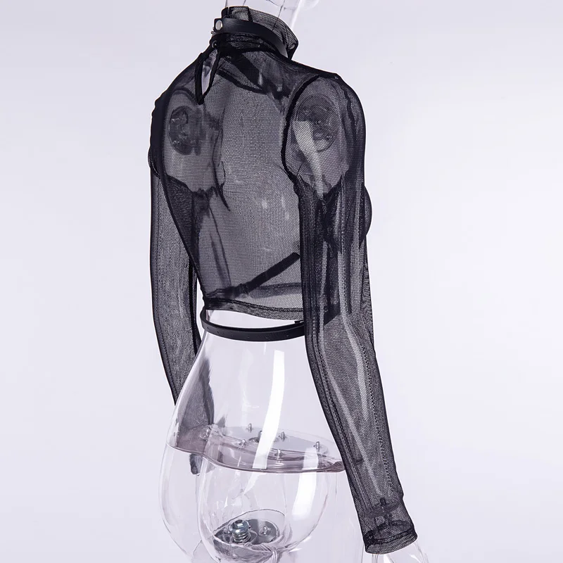 Сексуальные сетчатые прозрачные женские футболки с длинным рукавом, с воротником-стойкой, выдалбливают, Обрезанные футболки, искусственная кожа, железное кольцо, Холтер, пояс, тонкие готические Топы