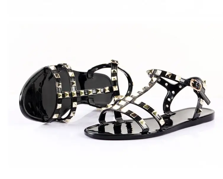 

2019 fashion women sandals flat jelly shoes bow rivet cross sandals stud beach shoes summer rivets slippers Thong sandals nude