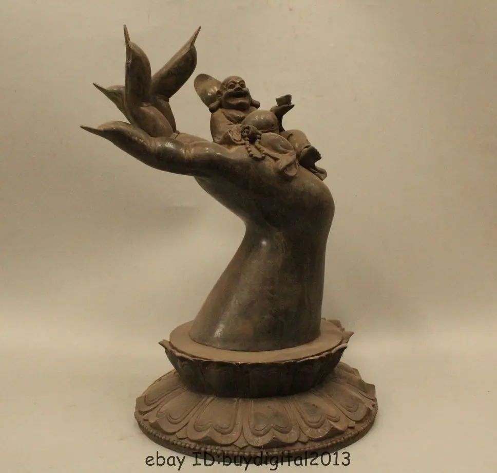 

14"Chinese Buddhism Bronze Buddha Hand Lotus Flower Maitreya Buddha Statue DSD66