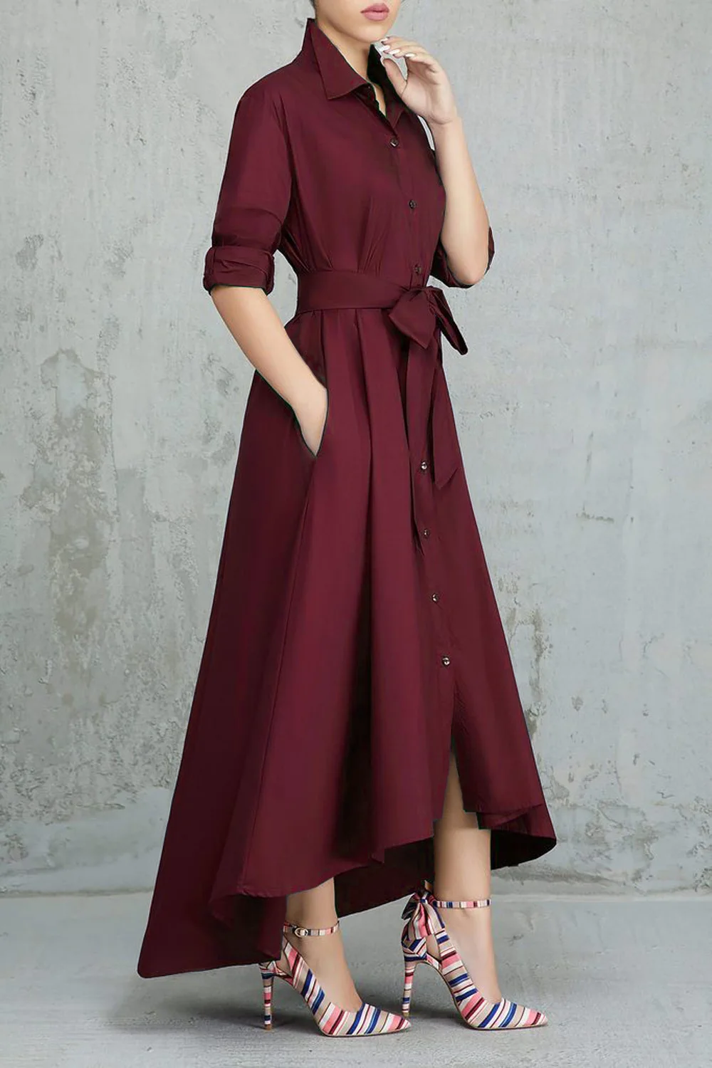 Elegant Irregular Long Shirt Dress Women Casual Turn-down Collar Lace Up Bandage Long Sleeve Dress Office Lady Shirt Dress Robe