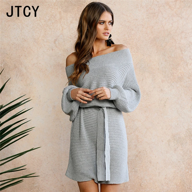 JTCY hombro largo tejido suéter vestido mujer elegante suelto invierno Jersey Vestido de manga Sashes suéter gris - AliExpress