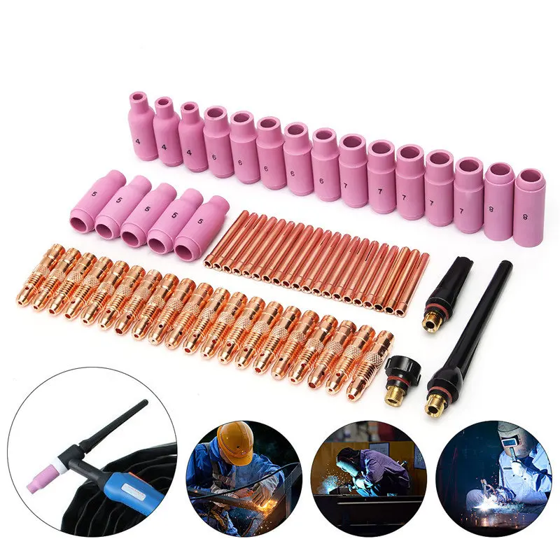 

New 63pcs TIG Welding Torch Gas Lens Parts Replacement Kit Copper Collet Body Nozzle For WP-17/18/26 WP Tungsten