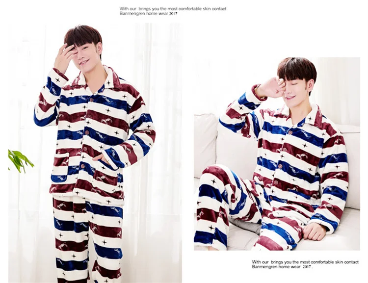 Pajamas Mens Flannel Pajama Suits Winter Autumn Sleeping Clothes Two Piece Nights Men Night Wear Clothing Thick Corduory 2018 New JW284 (14)