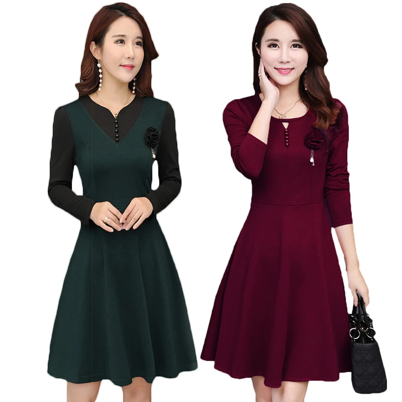 

2018 Spring Autumn Dress Women Casual Plus Size M-5XL Middle-aged Mother Long Sleeve A-line Dresses Woman Z401