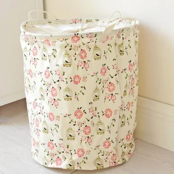 

Small Fresh Floral Cotton and Linen Storage Bucket Can Be Folded Linen Pink Laundry Basket Dirty Clothes Grocery Storage Basket
